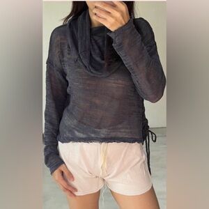 FP Beach Navy Sheer Knit Cowl Neck Sweater Size Medium